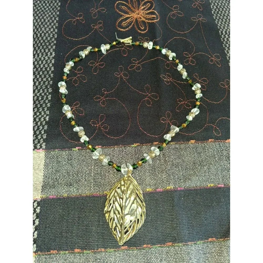 OOAK Handmade Green Clear Stone Beaded Necklace Gold Leaf Pendant Boho Botanical